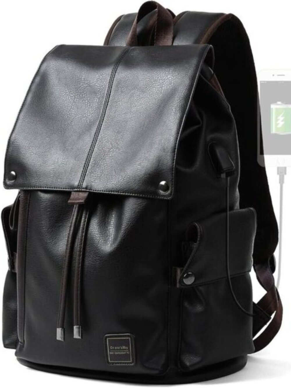 Men's Black Vintage PU Leather Laptop Backpack Water Resistant USB 15.6"